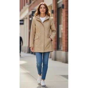 Lands End Womens Tan Khaki Hooded Raincoat Parka Jacket Size M RN 168874